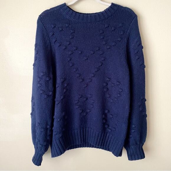 Crown & Ivy | Heart Pom Pom Crewneck Sweater Pullover Cozy Navy Blue Medium - Picture 1 of 5